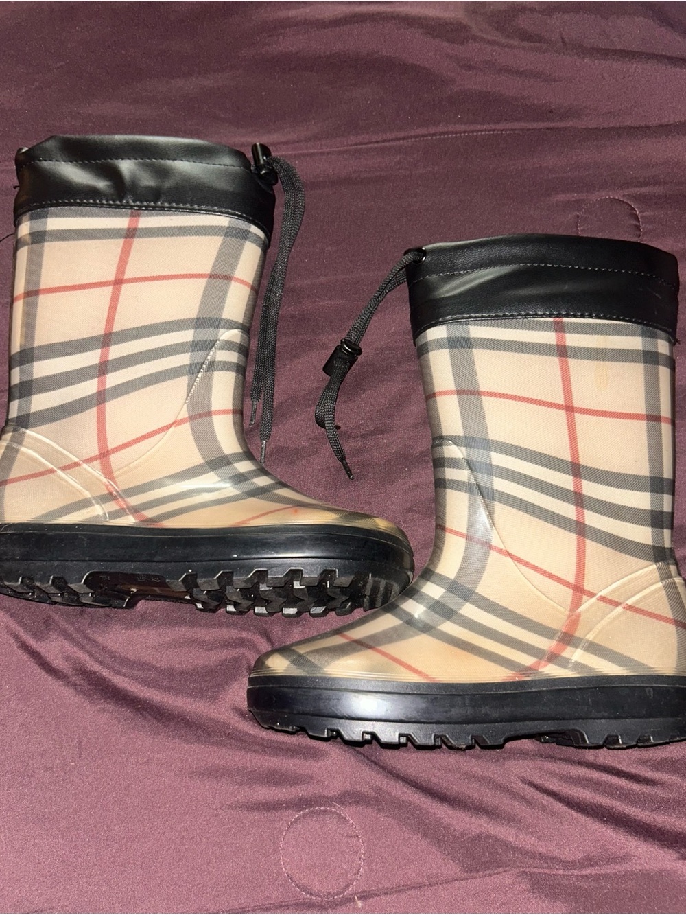 Burberry Beige Plaid Kids Rain Boots with Black Trim